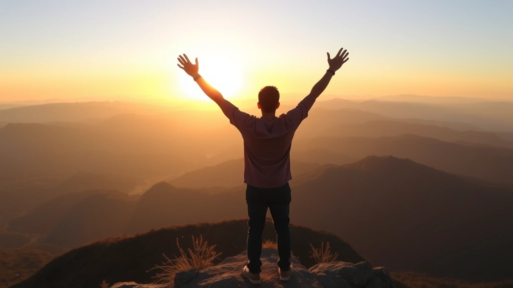 A person standing at sunrise on a mountain peak, arms raised in triumph, looking toward a bright horizon with rolling mountains in the distance, natural lighting, peaceful expression of accomplishment and confidence
