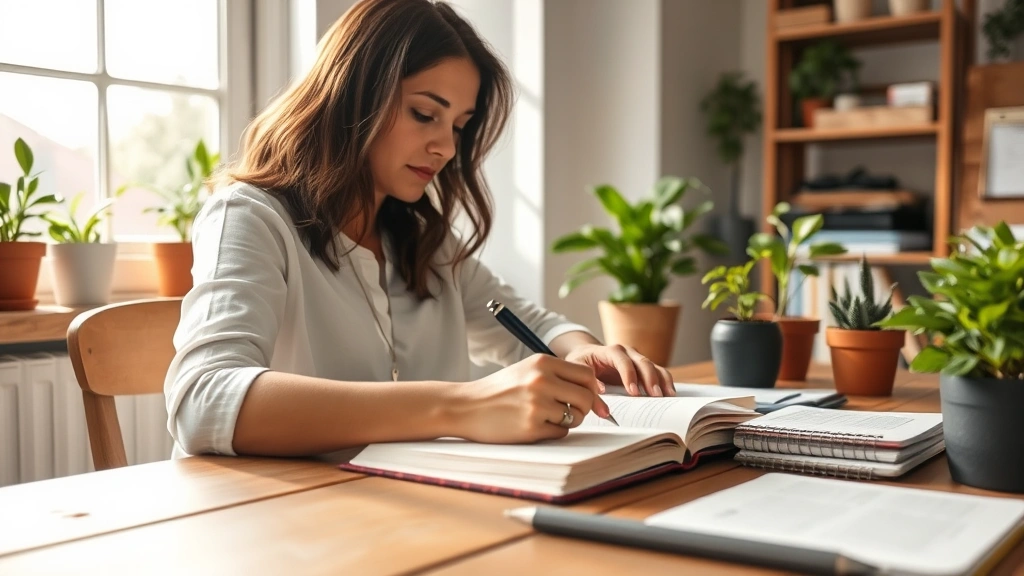 A woman writing in a journal at a wooden desk with plants, sunlight streaming through a window, focused and peaceful expression, surrounded by personal growth materials, close-up perspective