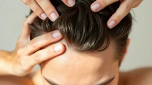 A person applying topical hair treatment to scalp, showing hands massaging scalp with focused expression, natural lighting, close-up view of healthy scalp