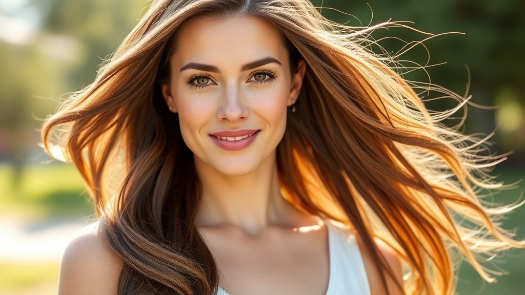A woman with visibly thick, healthy, shiny hair flowing naturally, outdoor setting with soft sunlight, confident posture, representing successful hair growth results