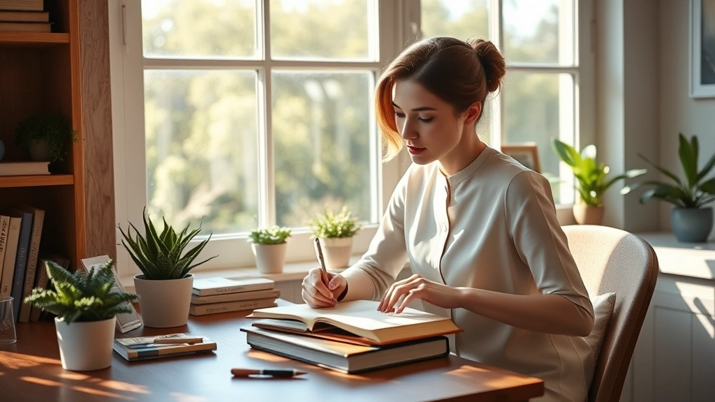 Professional woman writing in journal at wooden desk by large window, natural sunlight streaming in, thoughtful expression, notebook and pen, organized workspace with plants, morning light, focused and reflective mood, photorealistic