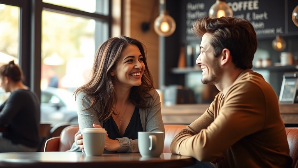 Two people having deep conversation in coffee shop, facing each other, genuine smiling and engaged eye contact, warm lighting, comfortable seating, natural body language showing active listening, authentic human connection, photorealistic
