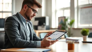 Professional educator analyzing financial charts and growth metrics on digital tablet in modern school office, natural lighting from windows, focused expression, data visualization visible on screen