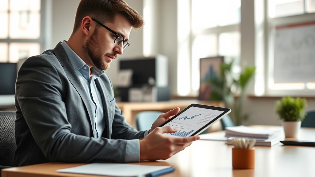 Professional educator analyzing financial charts and growth metrics on digital tablet in modern school office, natural lighting from windows, focused expression, data visualization visible on screen