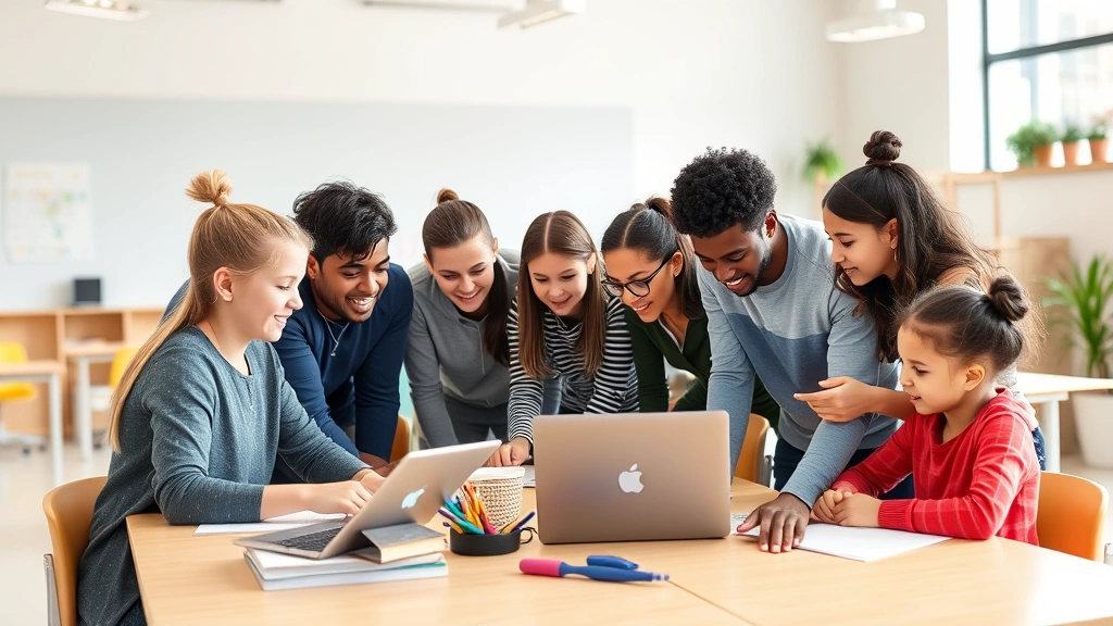 Diverse group of students and teachers collaborating in bright, modern classroom with technology integration, engaged learning environment, growth-oriented atmosphere