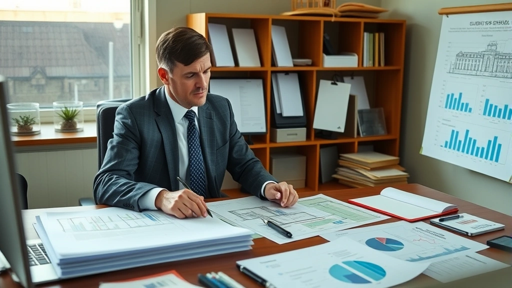 School administrator reviewing building plans and architectural blueprints at desk with financial documents, strategic planning environment, professional workspace with graphs and budgets