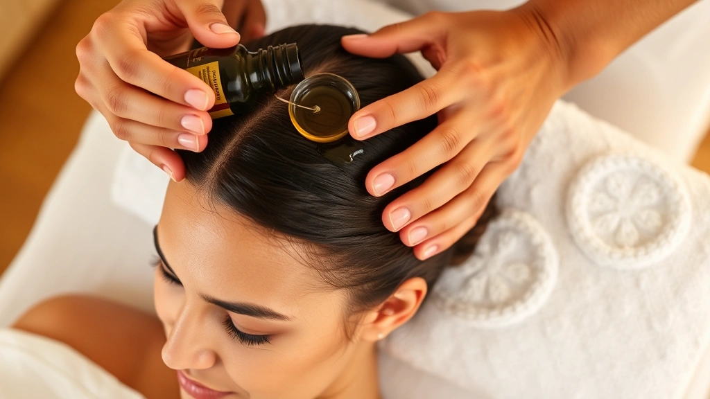 Person receiving scalp massage with oil application, hands performing circular motions on scalp, serene expression, warm lighting, showing proper massage technique for hair growth stimulation