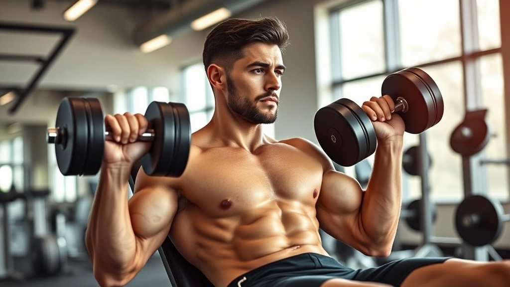 Athletic man performing incline dumbbell bench press with perfect form in modern gym, focused expression, chest muscles engaged, natural lighting, motivational atmosphere