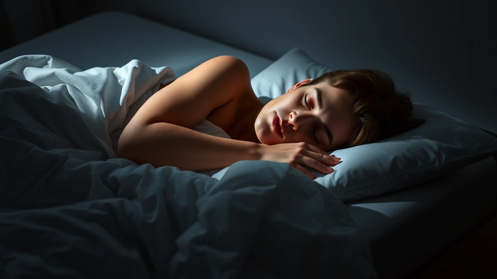 Person sleeping peacefully in dark bedroom with white sheets, peaceful recovery posture, serene environment demonstrating sleep optimization, natural nighttime lighting