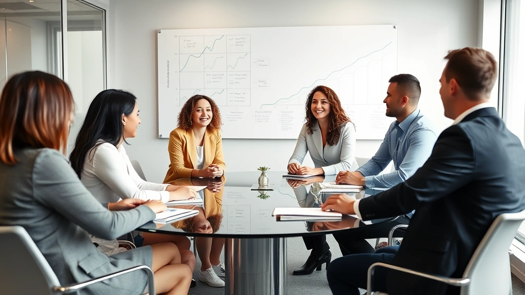 Diverse team of professionals collaborating around glass conference table during strategy meeting, whiteboard with growth diagrams in background, engaged expressions showing alignment and motivation, modern corporate office environment with natural light