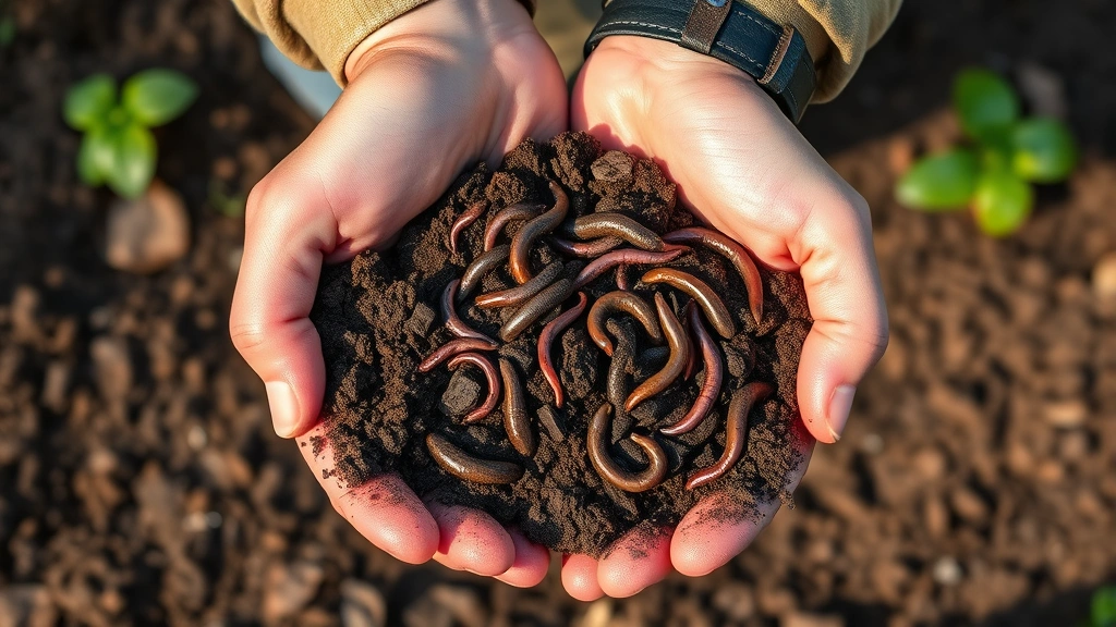 A gardener's hands holding rich, dark clay soil with visible organic matter and beneficial earthworms, demonstrating healthy amended clay composition with natural morning light