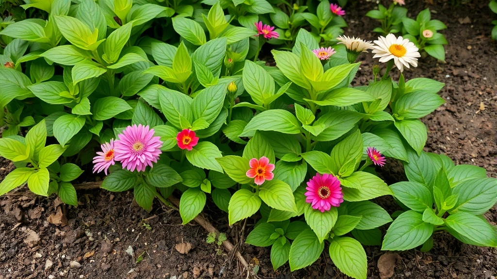 Lush green plants with vibrant leaves growing abundantly in clay soil garden bed, showing successful growth with established root systems and thriving ornamental flowers