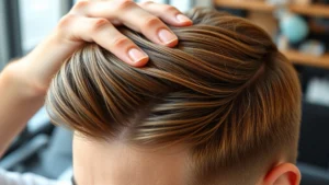 Close-up of healthy scalp with thick, vibrant hair strands showing growth, natural lighting, person massaging their scalp with focused expression, professional salon setting