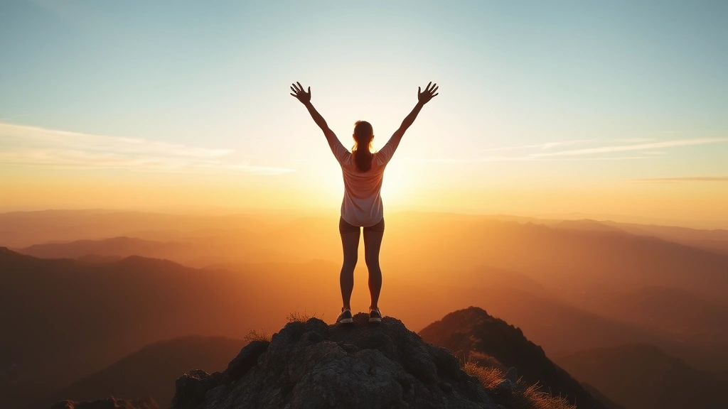 A woman standing confidently on a mountaintop at sunrise, arms raised in triumph, overlooking a vast landscape of possibility and growth, photorealistic, expansive and empowering