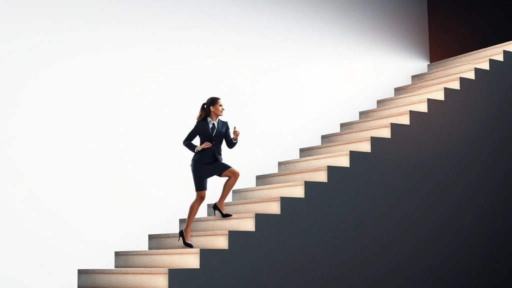A professional woman in business attire climbing a steep staircase of light, each step glowing with achievement, representing progression and transformation, photorealistic, motivational