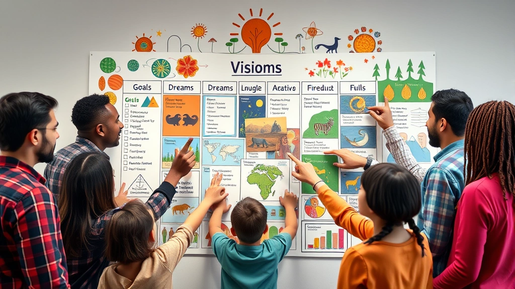 A diverse group of people of different ages collaborating on a large vision board, pointing at goals and dreams, surrounded by growth imagery, photorealistic, community-focused transformation