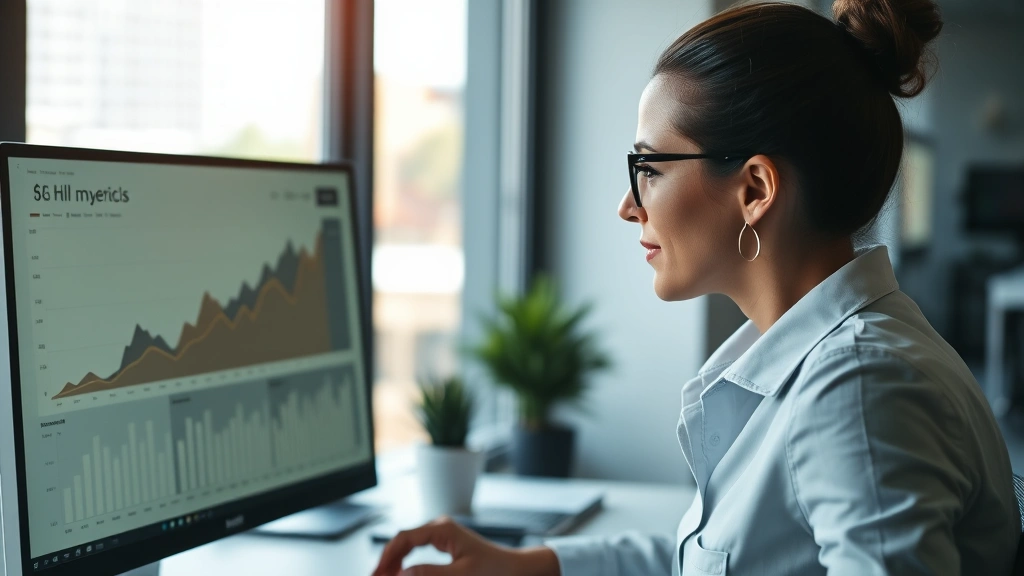 Professional woman analyzing financial charts on computer monitor showing growth curves and percentage metrics, modern office environment with natural lighting, focused expression of data analysis