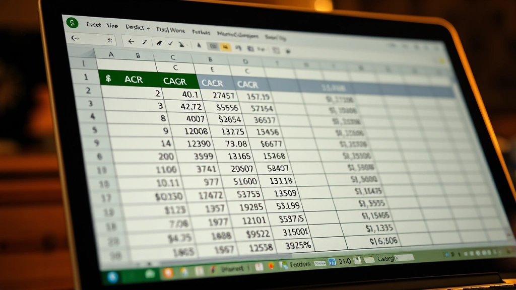 Close-up of Excel spreadsheet on laptop screen displaying CAGR calculations with numbers and formula bar visible, warm workspace lighting, organized data columns
