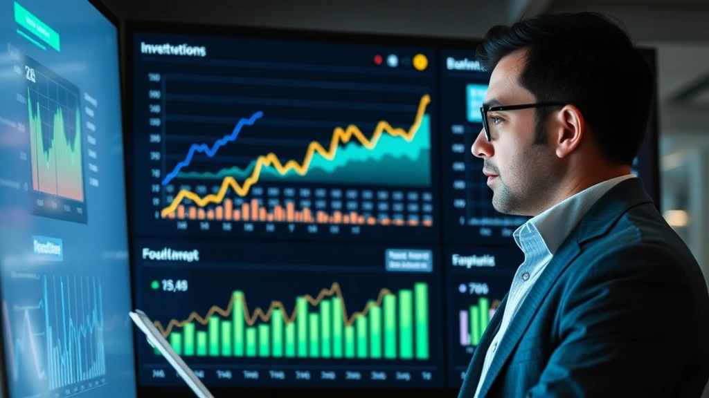 Confident investor reviewing investment portfolio performance dashboard with upward trending graphs and financial metrics displayed, modern fintech interface aesthetic