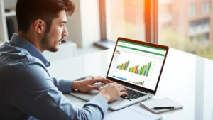Person sitting at modern desk with laptop displaying Excel spreadsheet with colorful growth charts, morning sunlight streaming through window, focused expression, notebook and pen nearby, professional yet warm atmosphere