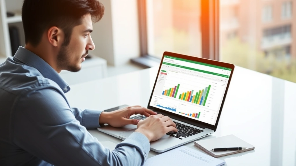 Person sitting at modern desk with laptop displaying Excel spreadsheet with colorful growth charts, morning sunlight streaming through window, focused expression, notebook and pen nearby, professional yet warm atmosphere