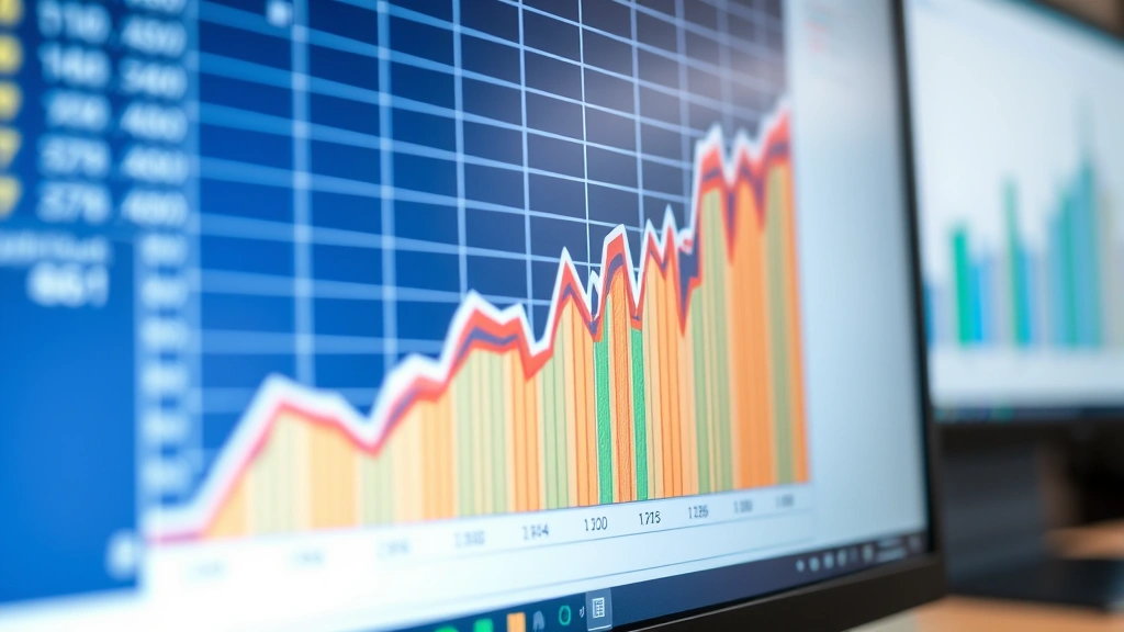 Close-up of computer monitor showing exponential growth curve chart in Excel with upward trending line, multiple colored data series, dashboard elements visible, professional financial visualization