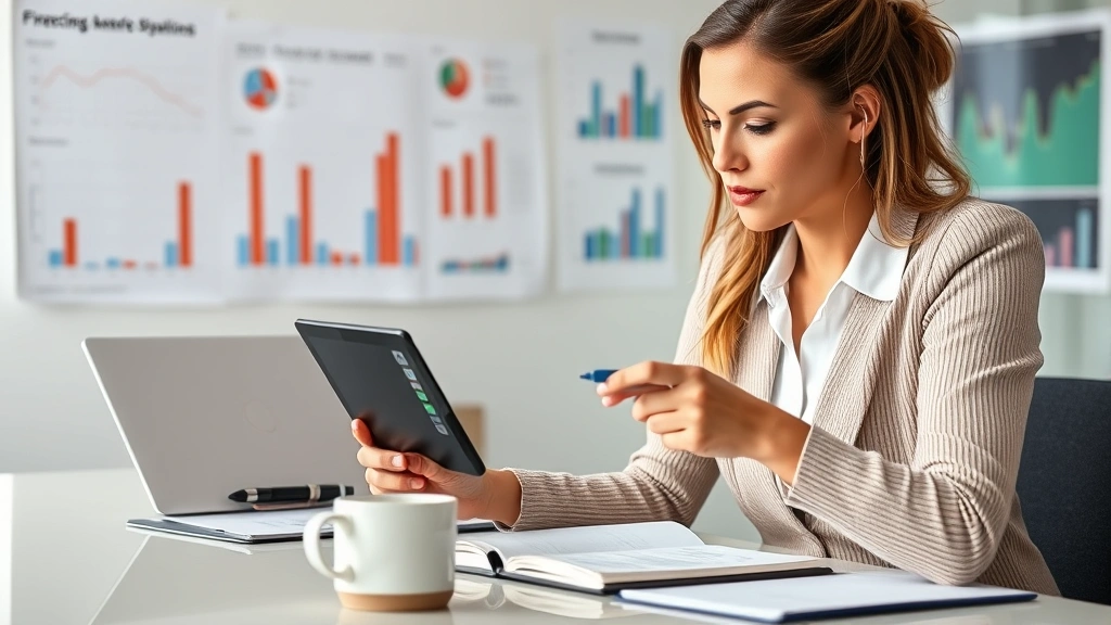 Professional woman reviewing financial data on tablet while taking notes, coffee cup on desk, graphs and charts visible in background, determined and confident expression, modern office setting