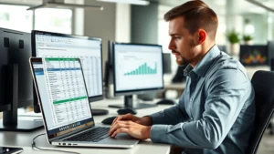 Professional analyst working on laptop with Excel spreadsheet open, focused concentration, modern office environment with multiple monitors, natural daylight, person typing formulas, growth charts visible on screen
