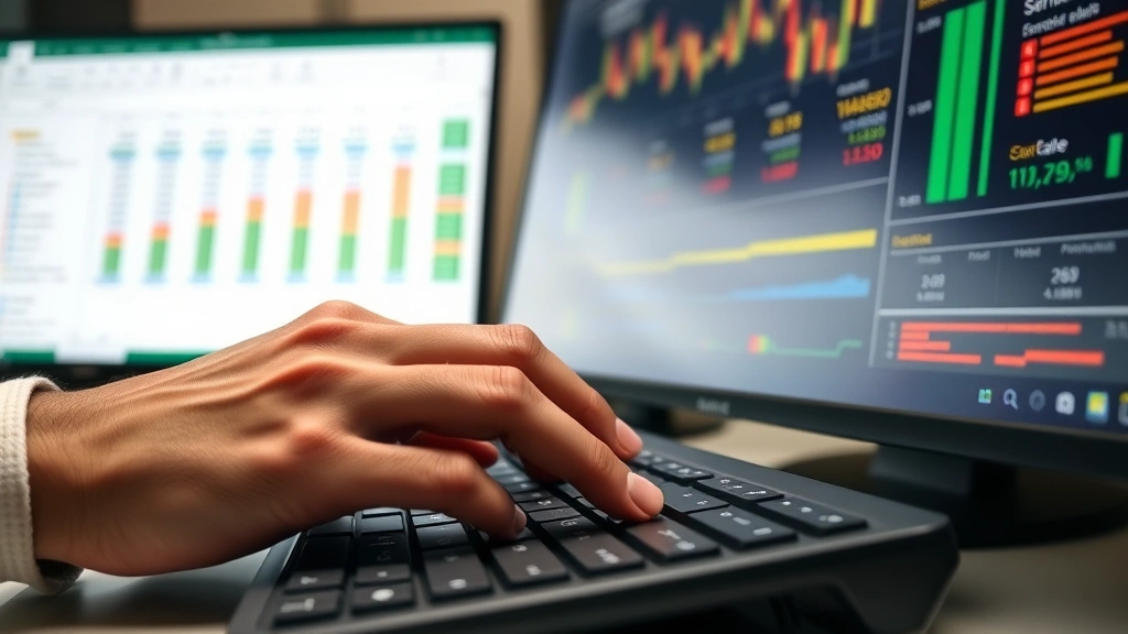 Close-up of hands typing on keyboard with financial data visible on monitor, Excel spreadsheet with colored charts and graphs, professional business setting, analytical work in progress, numbers and formulas highlighted
