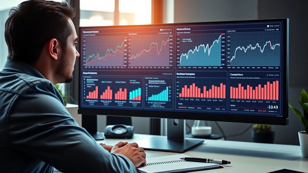 Person reviewing financial dashboard on computer screen, multiple graphs showing upward trends, professional workspace with notebook and pen, confident expression analyzing data, modern office lighting, success metrics displayed