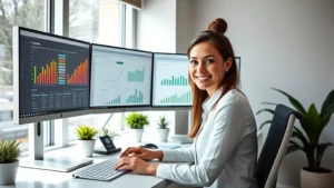 Professional woman at modern desk with multiple monitors displaying colorful Excel spreadsheets and financial growth charts, confident expression, natural daylight from window, minimalist workspace with plants