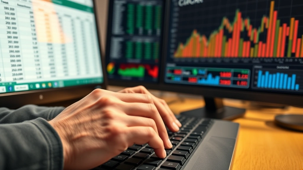 Close-up of hands typing on keyboard with Excel CAGR formula visible on monitor, warm office lighting, focused concentration, financial charts and graphs slightly blurred in background