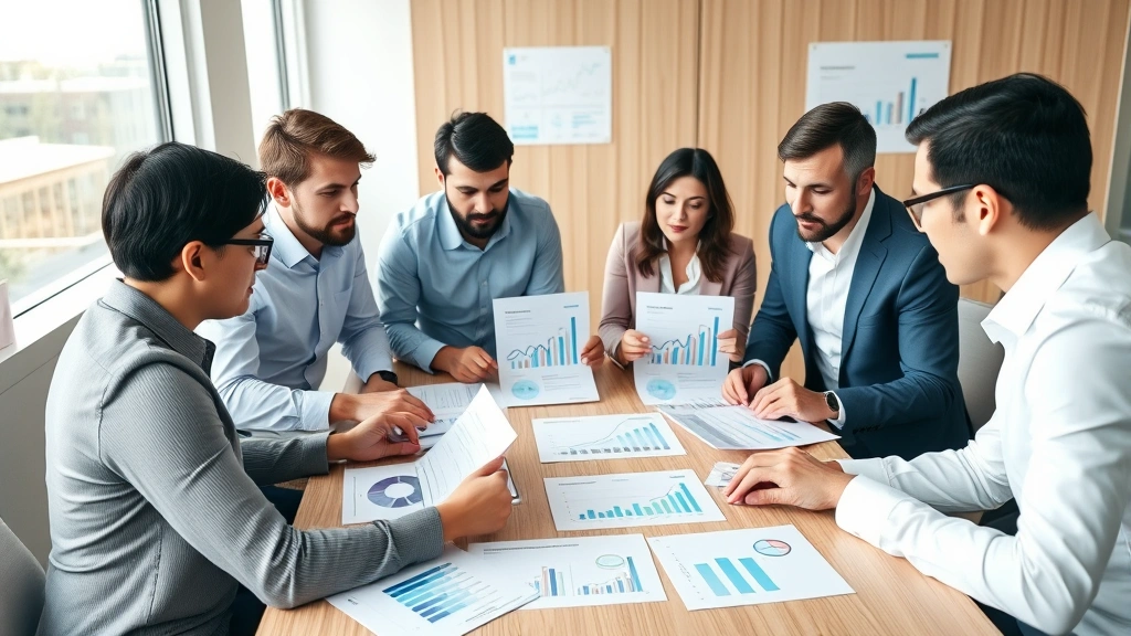 Diverse group of professionals in business casual attire reviewing printed financial reports and growth charts around conference table, collaborative atmosphere, natural lighting, multiple data visualizations visible