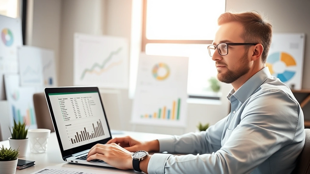 Professional sitting at laptop with Excel spreadsheet visible on screen, surrounded by upward trending charts and graphs, natural lighting from window, focused expression, modern office environment, motivational atmosphere