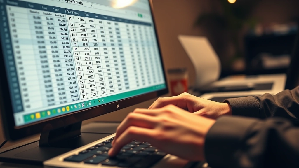 Close-up of hands typing on keyboard with Excel data visible on monitor, showing growth metrics and compound interest calculations, warm office lighting, professional workspace, concentration and determination evident