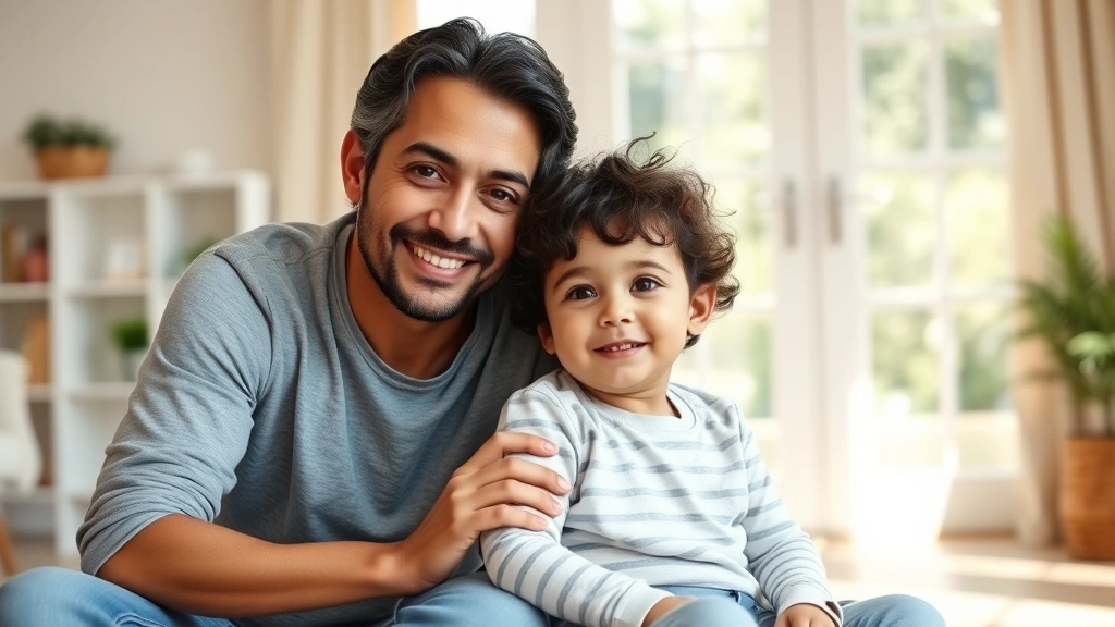 Parent and young child sitting together in bright home, parent's hand on child's shoulder, warm supportive expression, natural daylight, calm nurturing environment