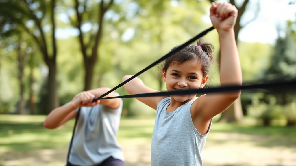 Active child doing resistance exercises with resistance band, smiling with effort, outdoor setting with trees, dynamic movement captured, confident posture, natural lighting