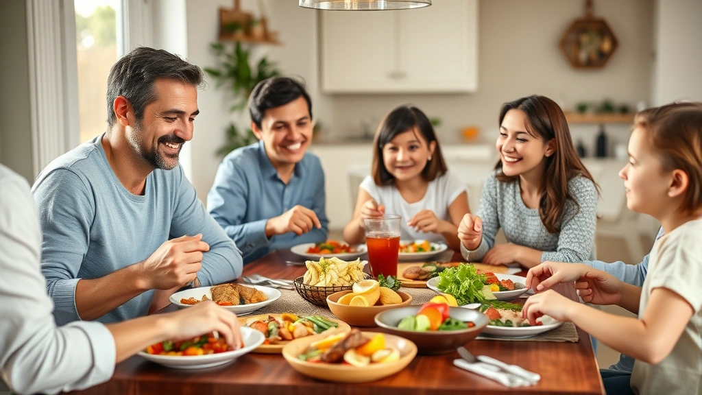 Family having healthy meal together at dinner table, colorful nutritious foods visible, warm family interaction, genuine smiles, comfortable home dining setting, natural light