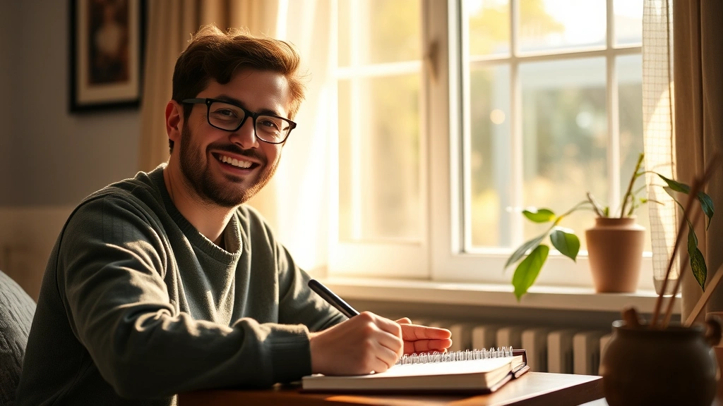 A person journaling with genuine smile, natural light streaming through window, pen in hand writing accomplishments, peaceful home setting, warm and encouraging atmosphere