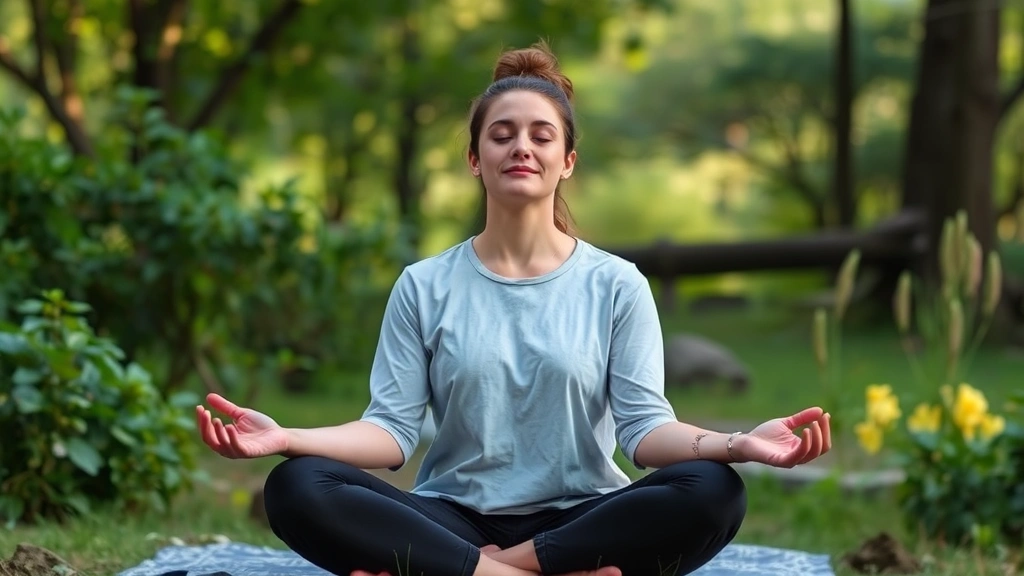 Someone practicing meditation or self-reflection outdoors in nature, sitting peacefully, surrounded by greenery and natural beauty, serene expression showing self-compassion