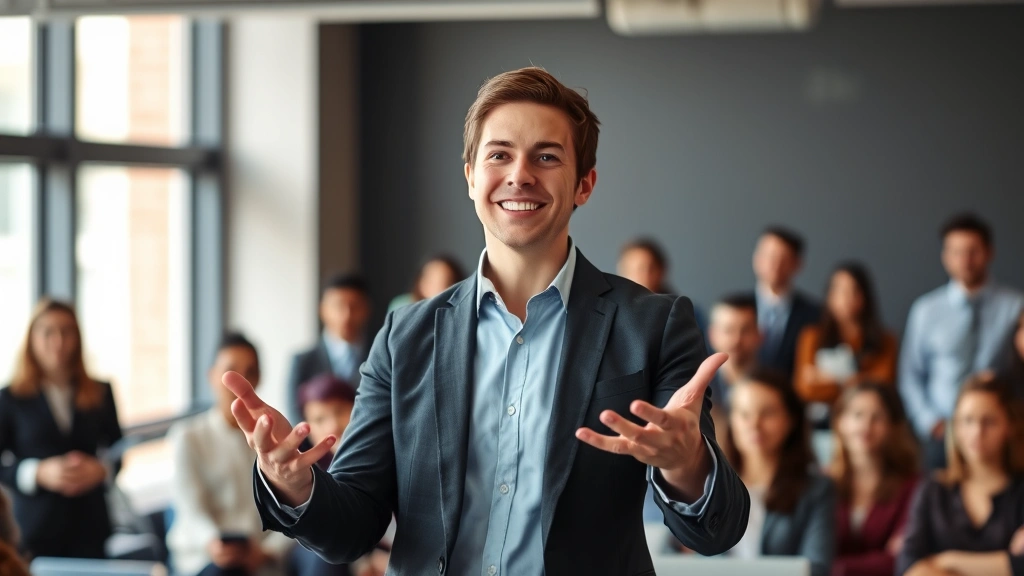 A person confidently presenting or speaking in professional setting, engaged body language, supportive audience in background, natural confidence radiating from authentic competence