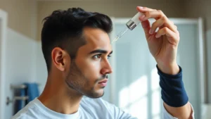 Person applying minoxidil solution to scalp with dropper applicator, focused expression, bathroom setting with natural lighting, professional healthcare context