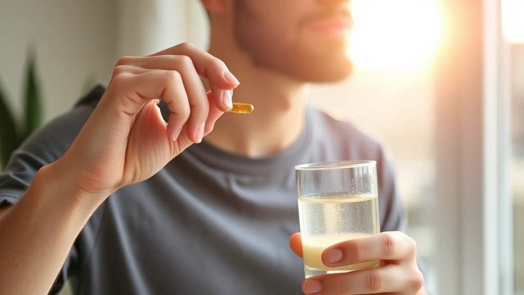 Individual taking hair growth supplement capsule with glass of water, wellness routine, morning sunlight through window, peaceful personal care moment