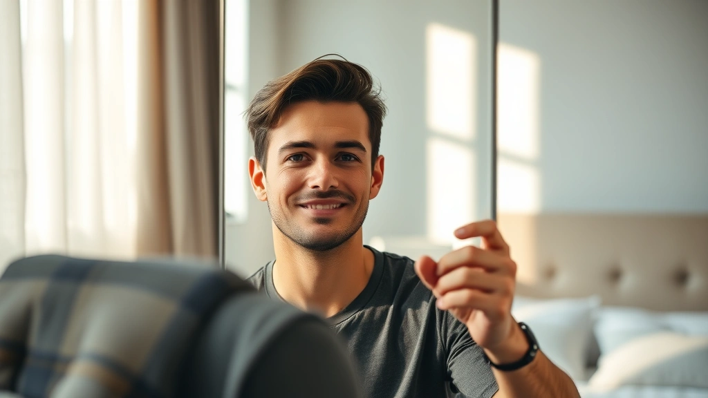 Man in modern bedroom confidently looking in mirror, morning light, peaceful expression, relaxed posture, subtle smile, professional photography style, warm lighting, no text or objects visible