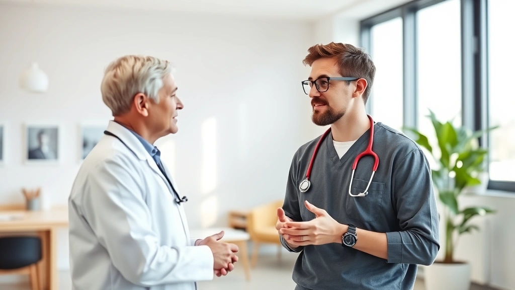 Young man in casual attire having sincere conversation with healthcare professional in modern clinic office, natural light, focused expressions, respectful interaction, clinical but warm environment, no visible charts or documents