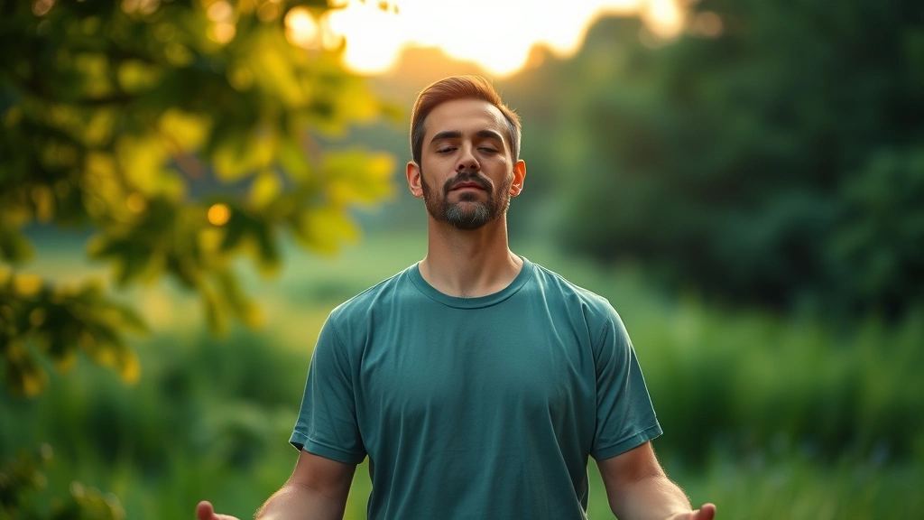 Man meditating or practicing mindfulness in serene natural setting, green background, peaceful expression, outdoor environment, golden hour lighting, calm body language, photorealistic wellness imagery