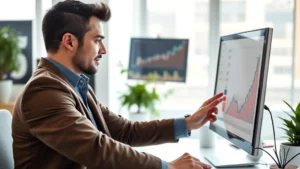 Professional investor reviewing growth charts on modern desktop monitor in bright office, confident expression, analyzing financial data with focused determination, natural lighting from window, contemporary workspace