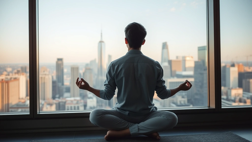 Young professional meditating peacefully by large window overlooking city skyline, representing emotional discipline and mental clarity during market volatility, serene morning light, balanced composure