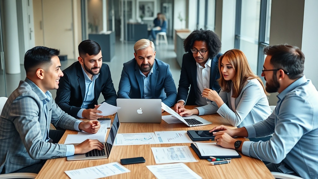 Diverse group of investors collaborating around conference table with financial documents and laptops, discussing portfolio strategy, engaged and motivated expressions, professional development setting