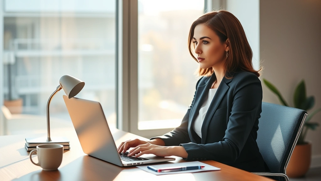 Professional woman sitting at modern desk with laptop, looking focused and determined, natural sunlight from window, warm lighting, authentic moment of concentration and achievement